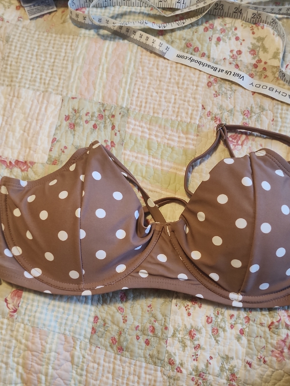 Time and Tru Brown and White Polka Dot Bikini Top